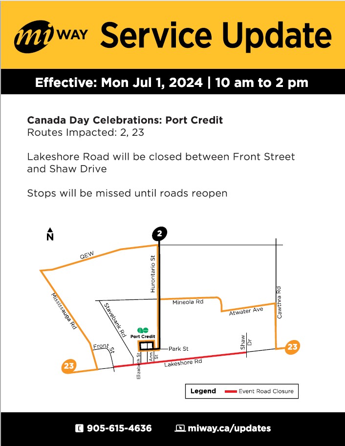 Canada Day Port Credit Celebration Miway Detours Monday July 1 2024